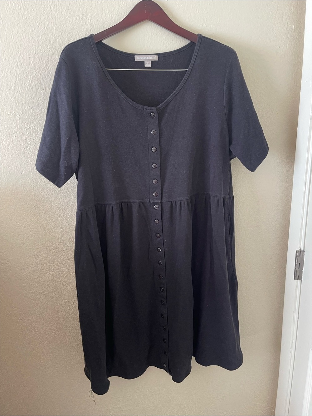 Woman Within Black Button-Front Short-Sleeve Babydoll Dress